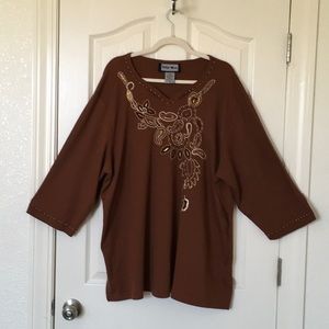 Indigo Moon Woman’s 3X Embroidered Brown Blouse 3/4 Sleeve